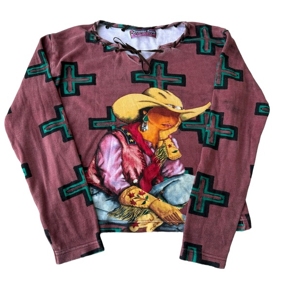 AOP Cowgirl Western Vintage Blouse Top Graphic Pullover Rodeo Gordon James Y2K - Picture 6 of 10